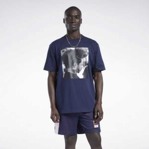 Navy Reebok Iverson Basketball I3 Blue Print Short Sleeve T-Shirt | OSL-736185