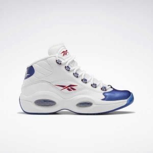White / Deep Blue Reebok Question Mid Basketball Shoes | YUJ-385792