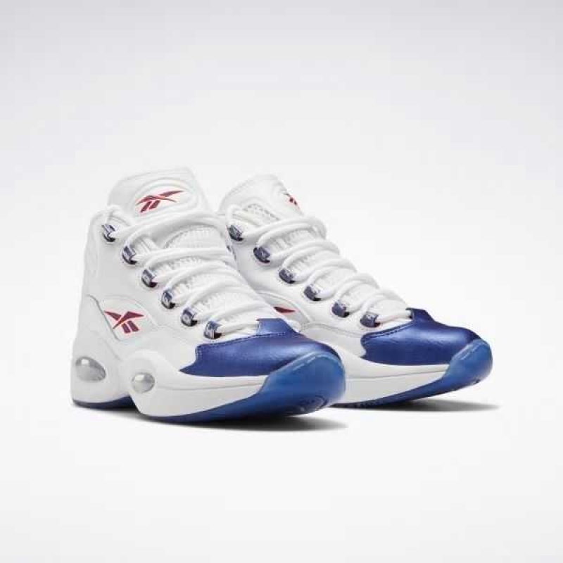 White / Deep Blue Reebok Question Mid Basketball Shoes | FHW-728963