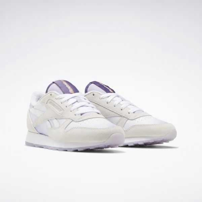 White / White / Purple Reebok Classic Leather Shoes | WLX-306487