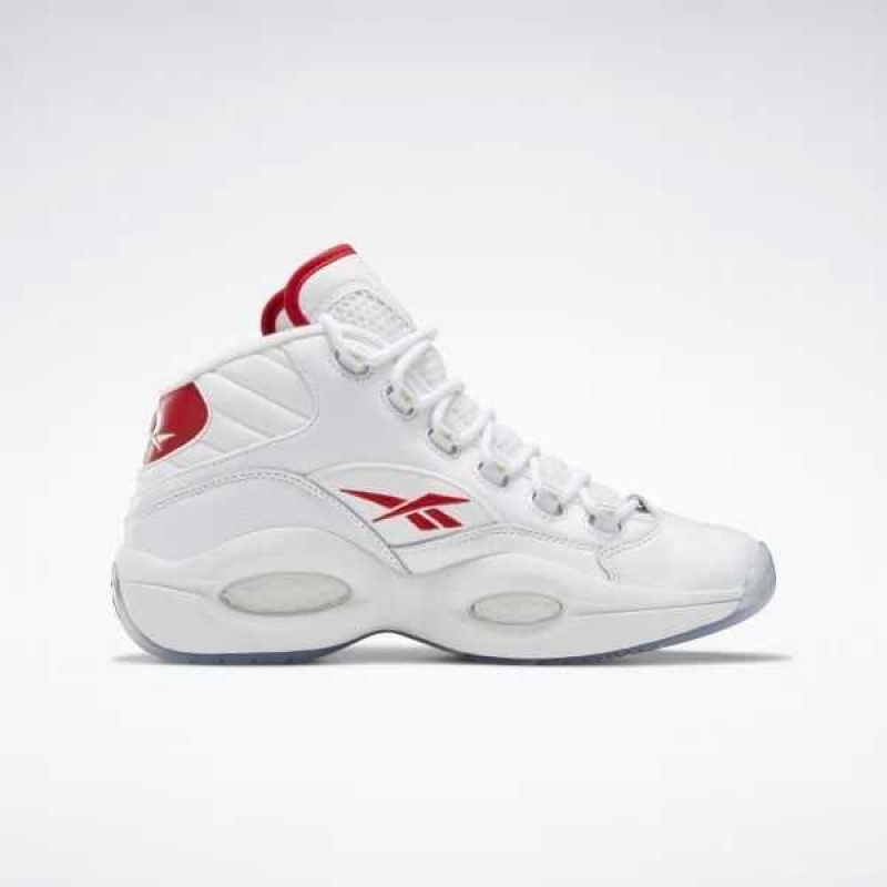 White / White / Red Reebok Question Mid Basketball Shoes | RBG-615247