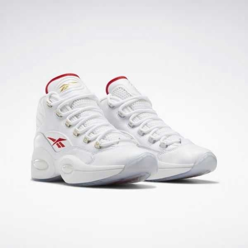 White / White / Red Reebok Question Mid Basketball Shoes | RBG-615247